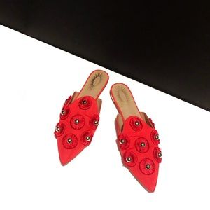 Aquazurra Sunflower Fringe Red Mule Flat